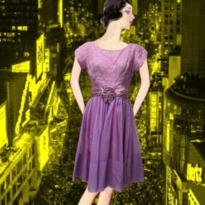 1950s Purple Lace and Chiffon Party Dress Full Skirt Satin Rosette Union Made